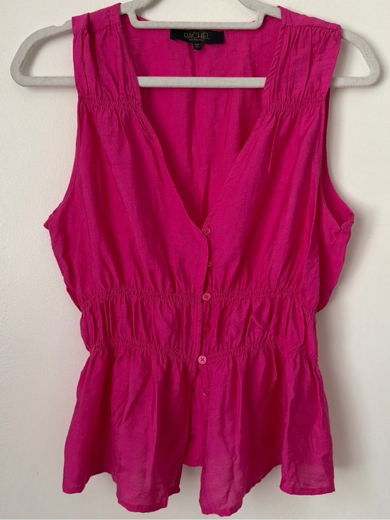 Rachel Tops - Rachel Roy  Top Chartreuse Pink Sleeveless Button Ruched Rayon Nylon Size L